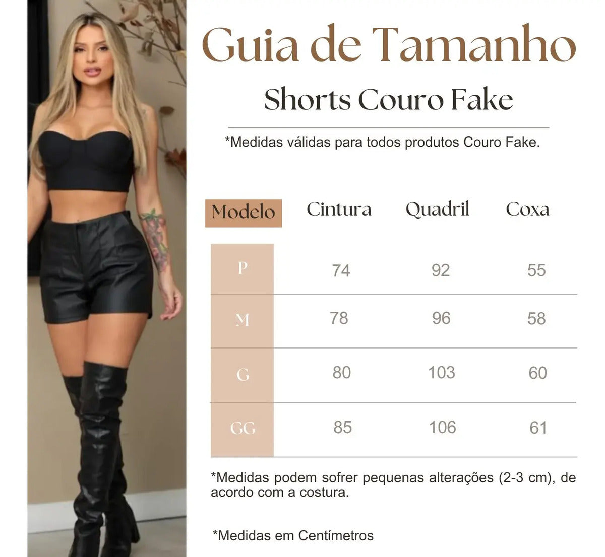 Short Feminino Couro Fake Com Botao Cintura Alta Social