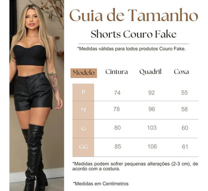 Short Feminino Couro Fake Com Botao Cintura Alta Social