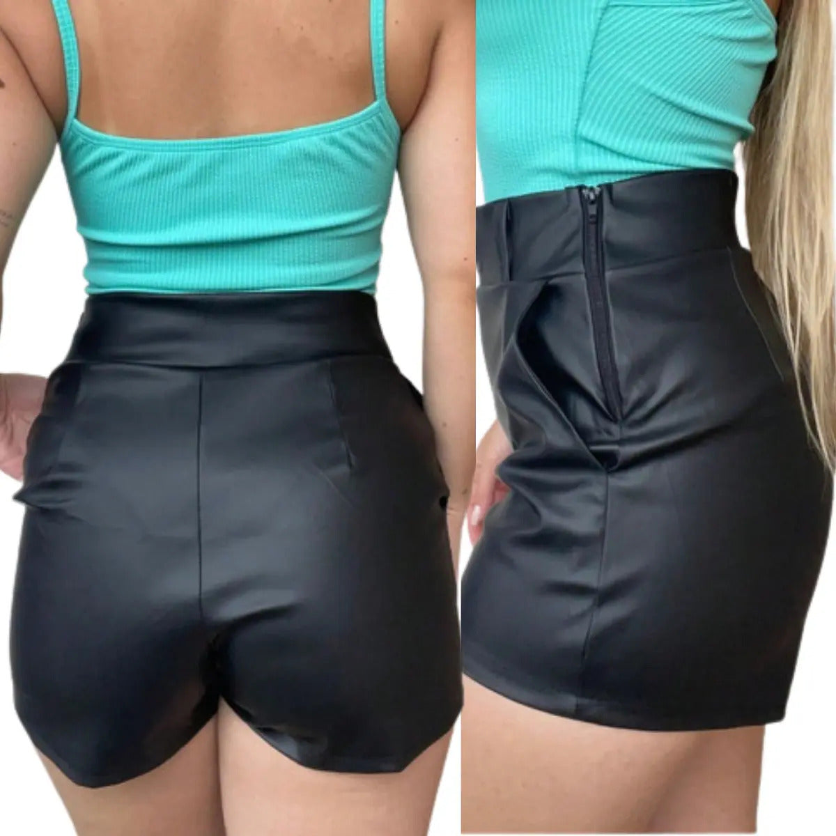 Short Feminino Couro Fake Com Botao Cintura Alta Social