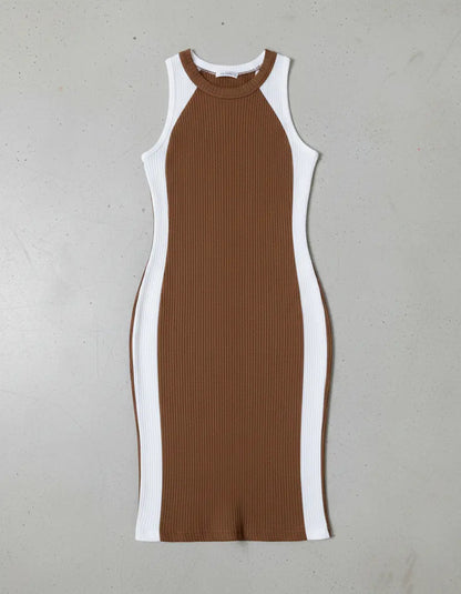 Vestido Canelado Midi Faixas Regata Casual Básico Modelador