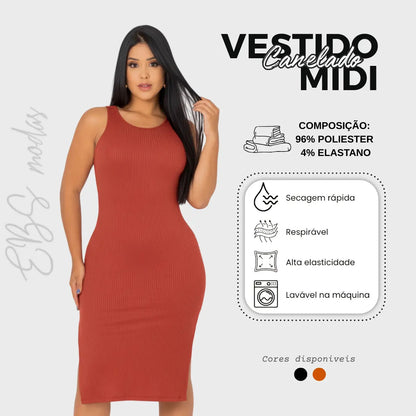Vestido Canelado Midi Regata Com Fenda Zero Transparência