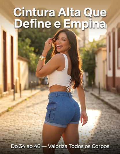 Short Jeans Feminino Shorts Cargo Com Lycra Cintura Alta
