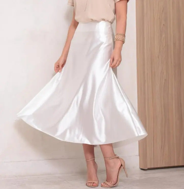Saia Cetim Feminina Midi Brilho Moda Elegante Full