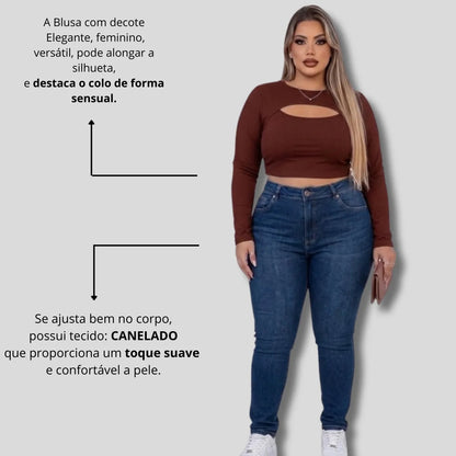 Cropped Feminino Plus Size Manga Longa Com Decote