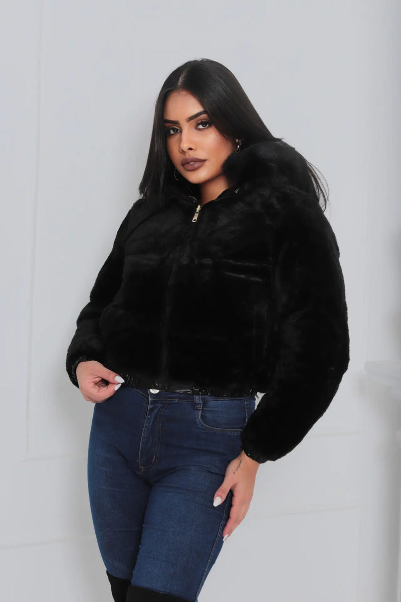 Jaqueta Feminina De Inverno Cropped Dupla Face Com Capuz