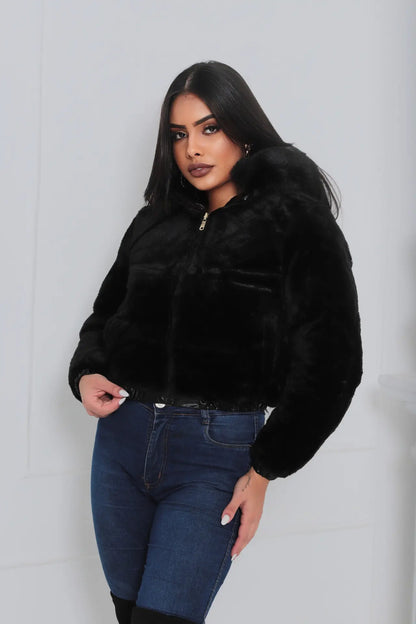 Jaqueta Feminina De Inverno Cropped Dupla Face Com Capuz