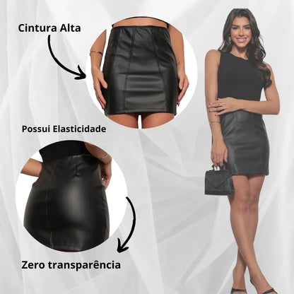 Saia Couro Fake Cintura Alta Com Zíper