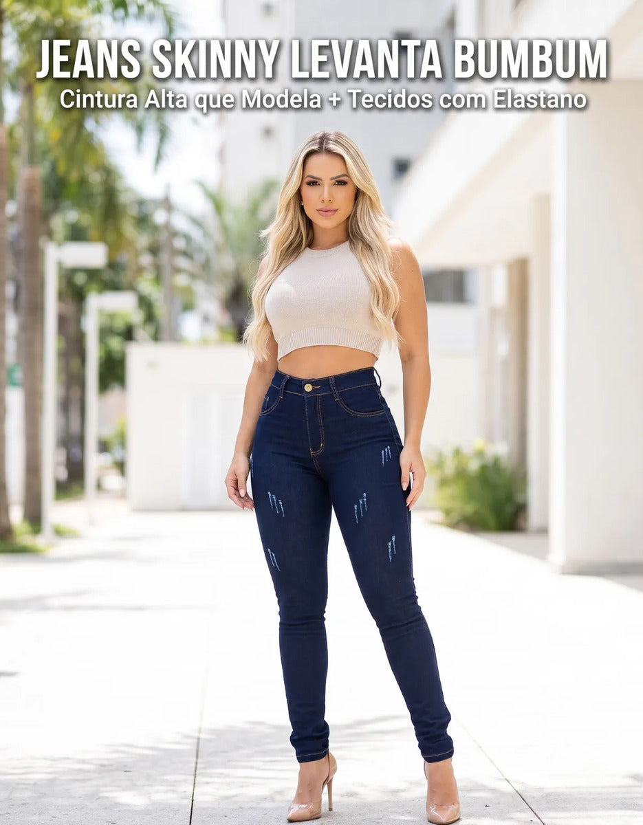 Calça Jeans Feminina Empina Bumbum Cintura Alta Lycra Preta