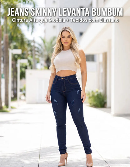 Calça Jeans Feminina Empina Bumbum Cintura Alta Lycra Preta