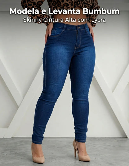 Calça Jeans Feminina Preta Skiny Cintura Alta Levanta Bumbum