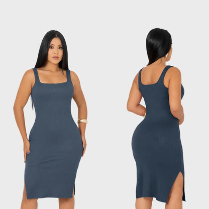 Vestido Midi Canelado Premium Com Alça E Fendas Casual Básico