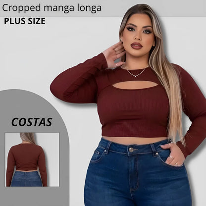 Cropped Feminino Plus Size Manga Longa Com Decote