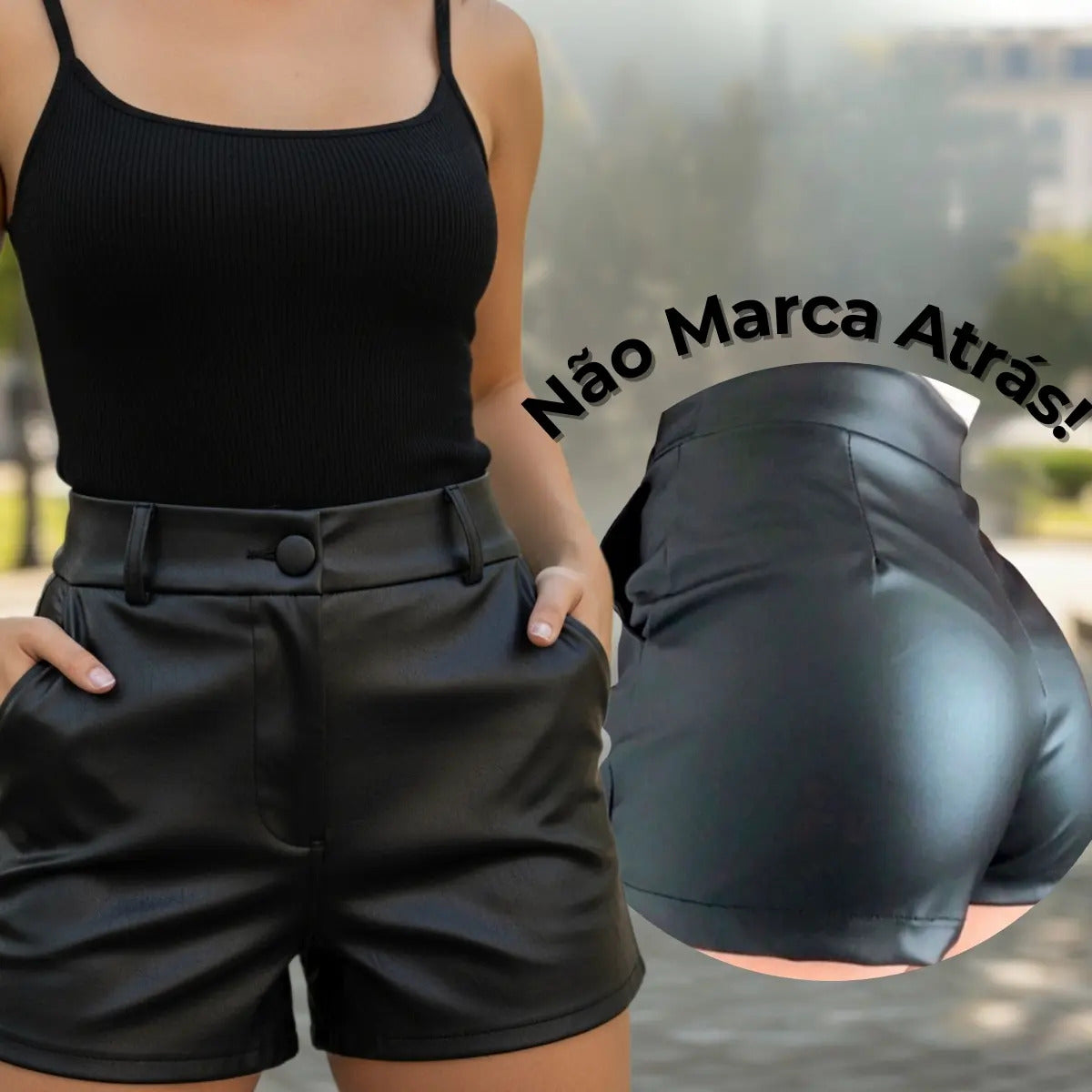 Short Feminino Couro Fake Com Botao Cintura Alta Social