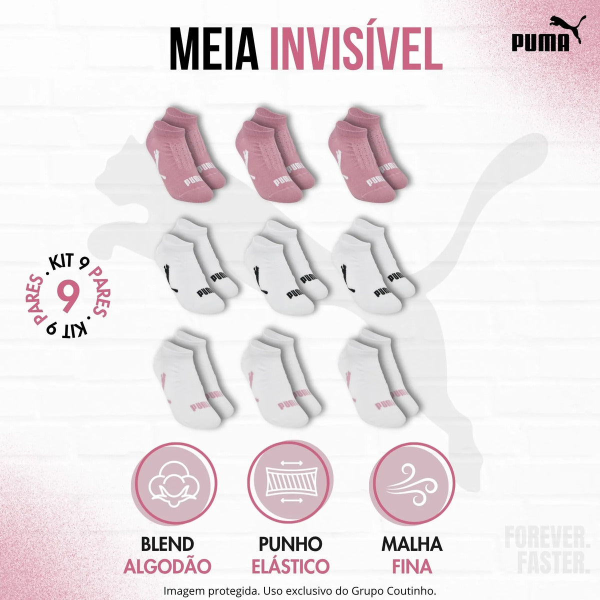 Kit 9 Pares Meias Invisível Puma Sapatilha Soquete Original