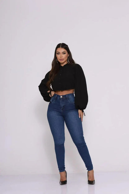 Calça Preta Jeans Feminina Com Elastano Cintura Alta Skinny