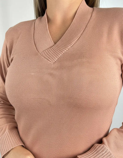 Blusa Trico Basica De Frio Feminina Decote V Manga Longa
