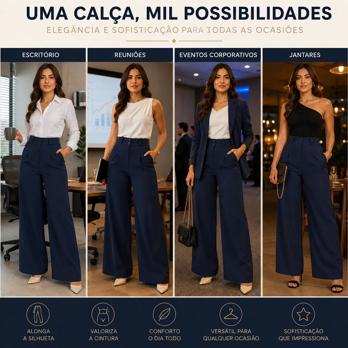 Calça Pantalona Alfaiataria Wide Leg Social Cintura Alta