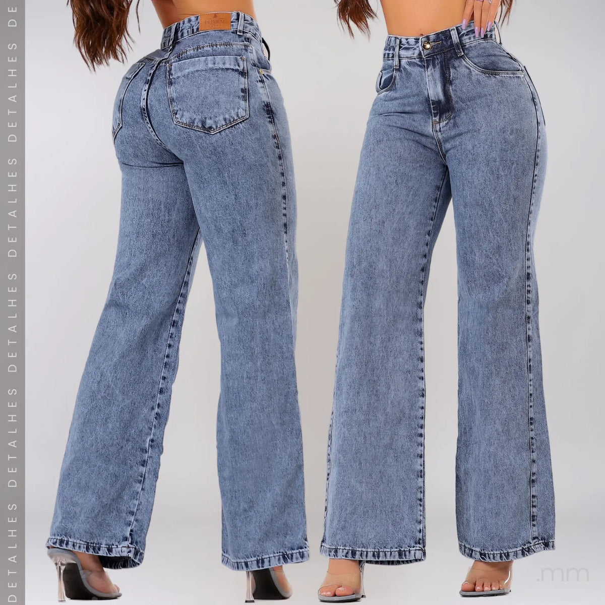 Calça Jeans Pantalona Wide Leg Feminina Cintura Alta Larga