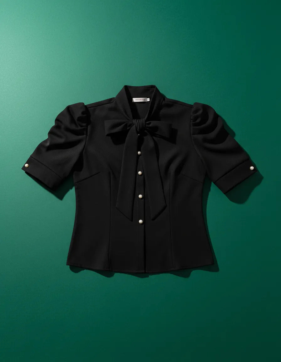 Blusa Camisa Social Romântica Laço E Botões De Pérola Manga