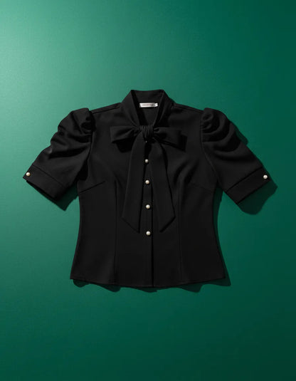 Blusa Camisa Social Romântica Laço E Botões De Pérola Manga