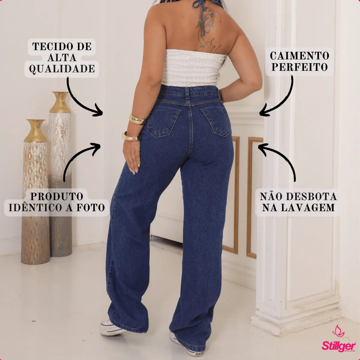 Calça Jeans Wide Leg Feminina Cintura Alta Sem Lycra Stillge