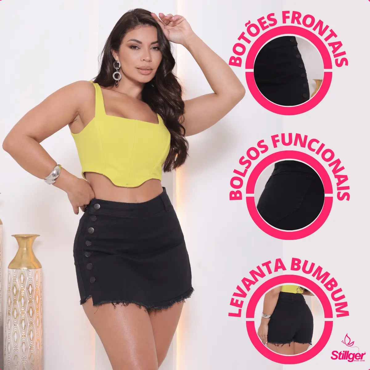 Short Saia Jeans Feminino Cintura Alta Com Lycra Stillger