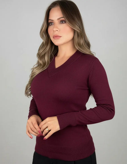 Blusa Trico Basica De Frio Feminina Decote V Manga Longa