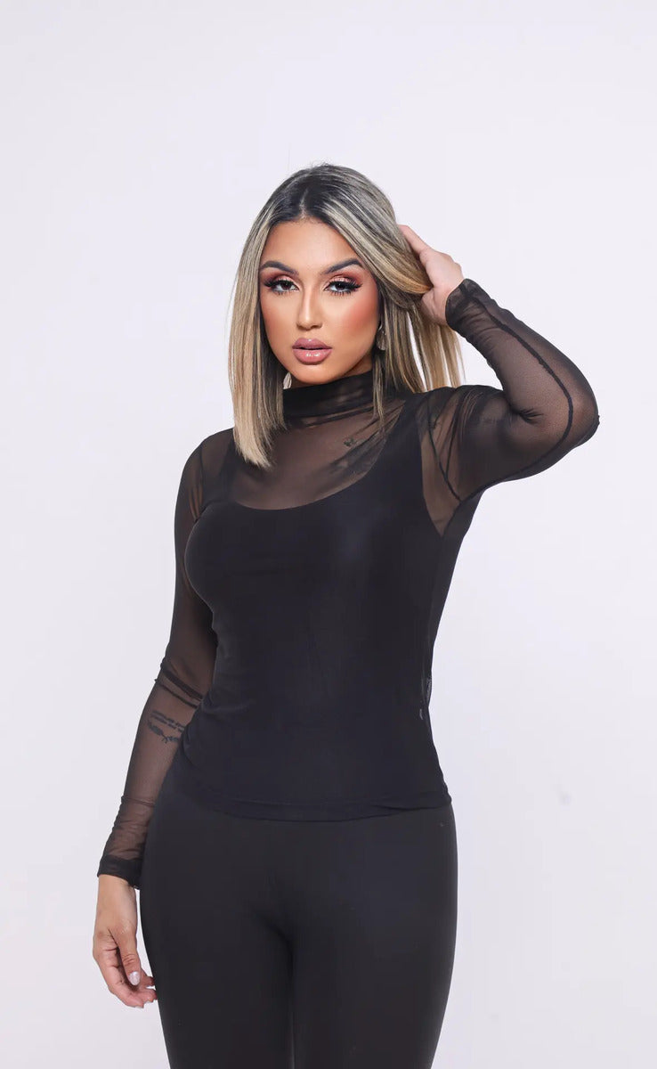 Blusa Tule Feminina Manga Longa Luxo