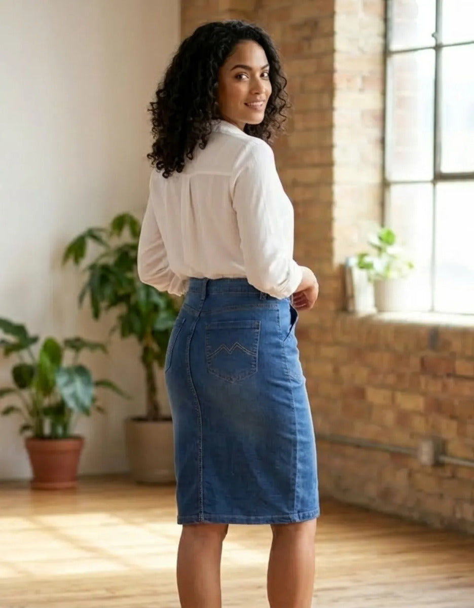 Saia Jeans Midi Lápis Belo Fio Cintura Alta Lycra Elegante