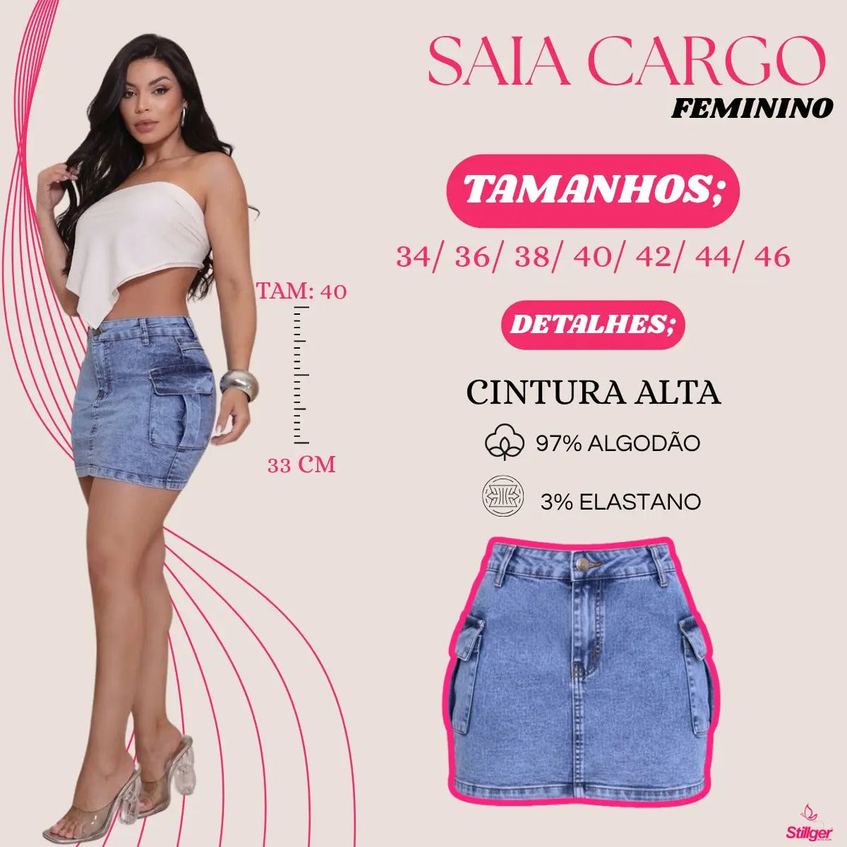 Saia Jeans Cargo Feminina Cintura Alta Com Lycra Stillger