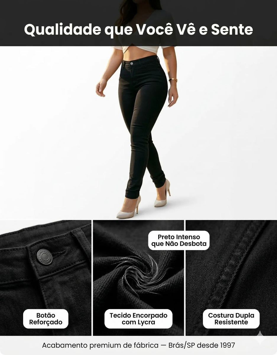 Calça Jeans Feminina Preta Skiny Cintura Alta Levanta Bumbum