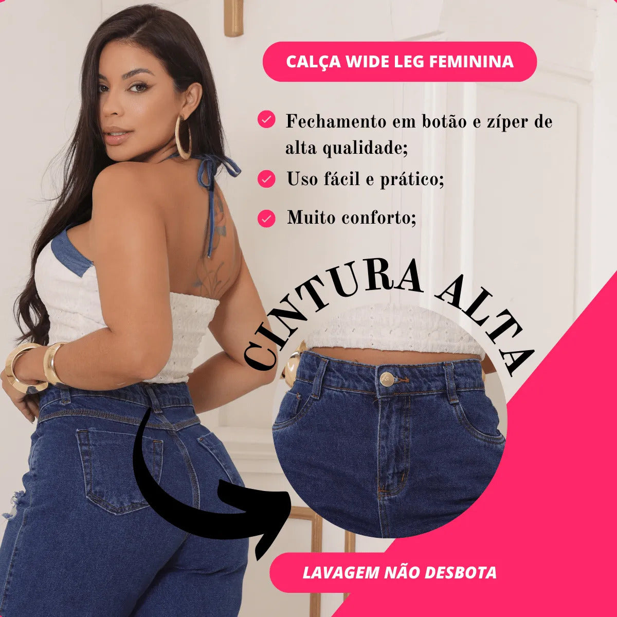 Calça Jeans Wide Leg Feminina Cintura Alta Sem Lycra Stillge