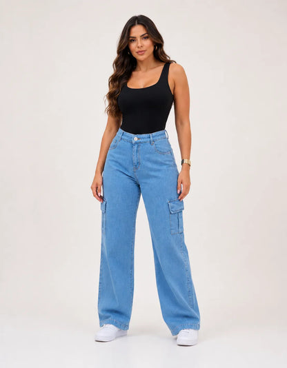 Calça Cargo Feminina Wide Leg Cintura Alta Jeans  Stillger