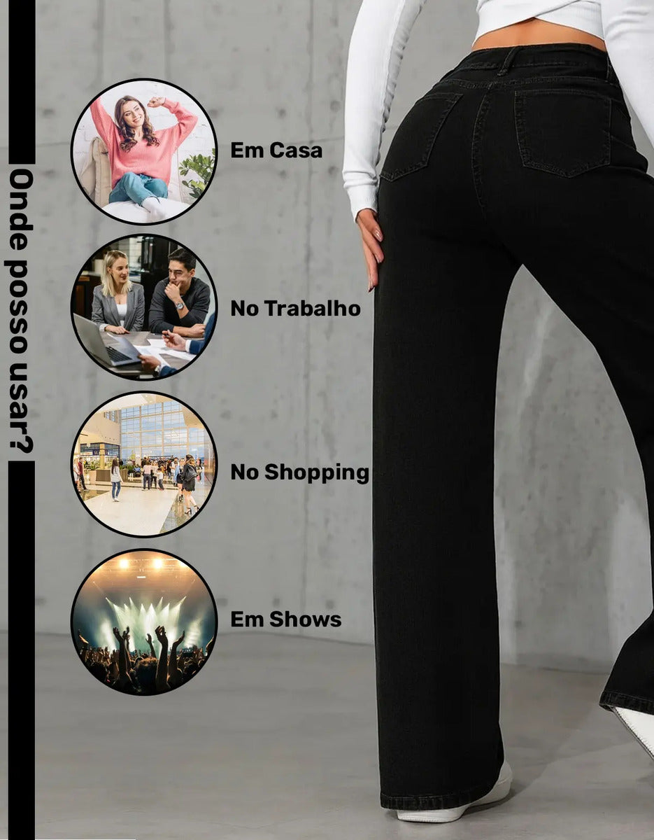 Calça Wide Leg Jeans Feminina Reta Perna Larga Empina Bumbum