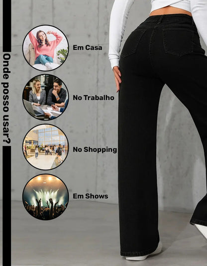 Calça Wide Leg Jeans Feminina Reta Perna Larga Empina Bumbum