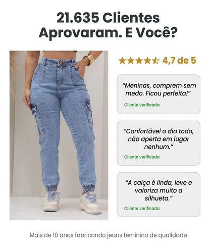 Calça Cargo Jogger Jeans Feminina Cintura Alta Com Lycra