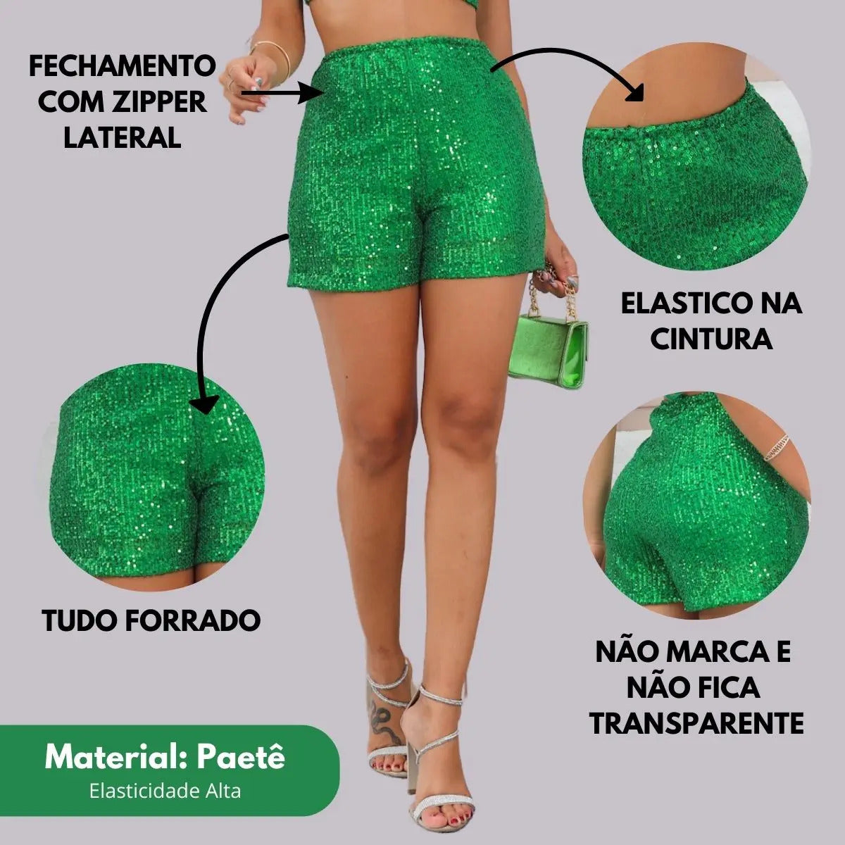Short Bermuda Feminino Cintura Alta Paetê Balada Moda Brilho