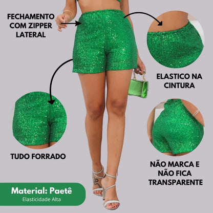 Short Bermuda Feminino Cintura Alta Paetê Balada Moda Brilho