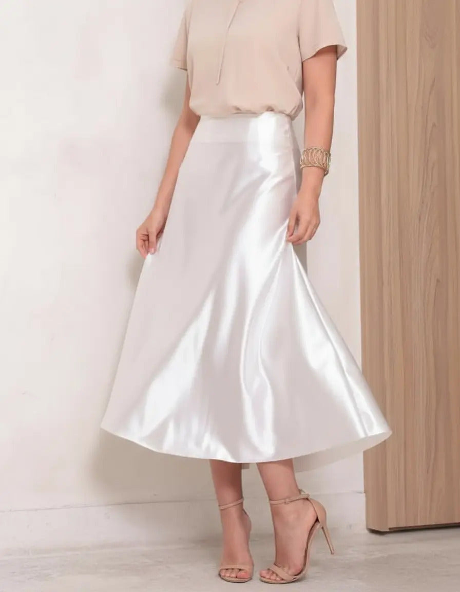 Saia Cetim Feminina Midi Brilho Moda Elegante Full