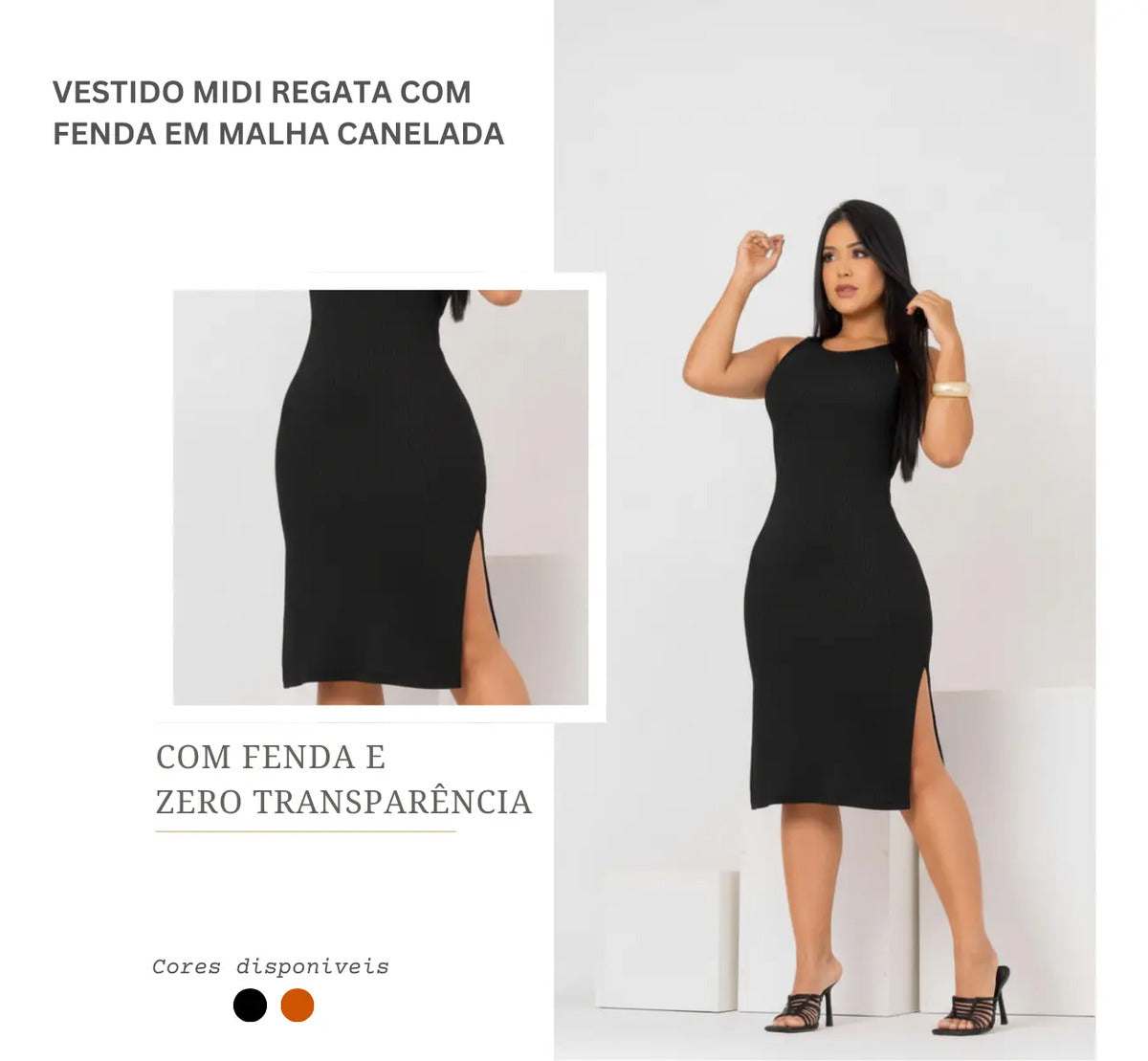 Vestido Canelado Midi Regata Com Fenda Zero Transparência