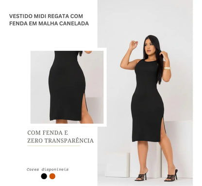 Vestido Canelado Midi Regata Com Fenda Zero Transparência