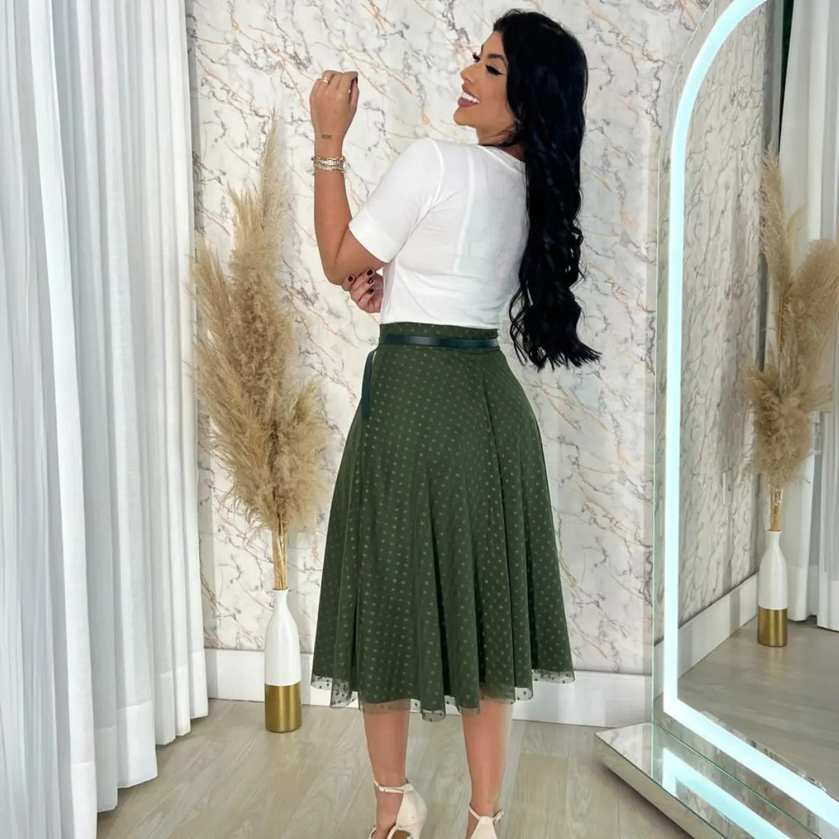 Saia Moda Evangélica Godê De Tule Mídi Com Cinto Moda Cristã