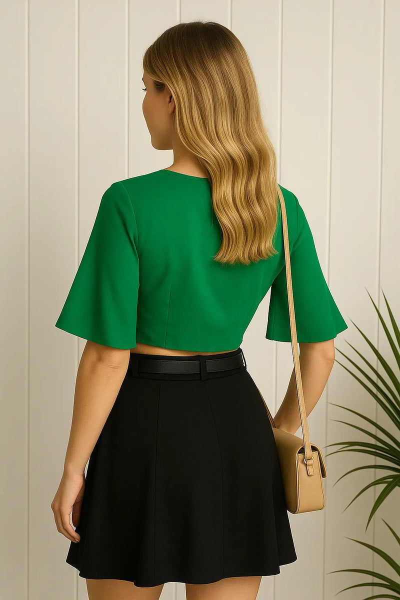 Cropped Feminino Amarração Multiformas Manga Flare