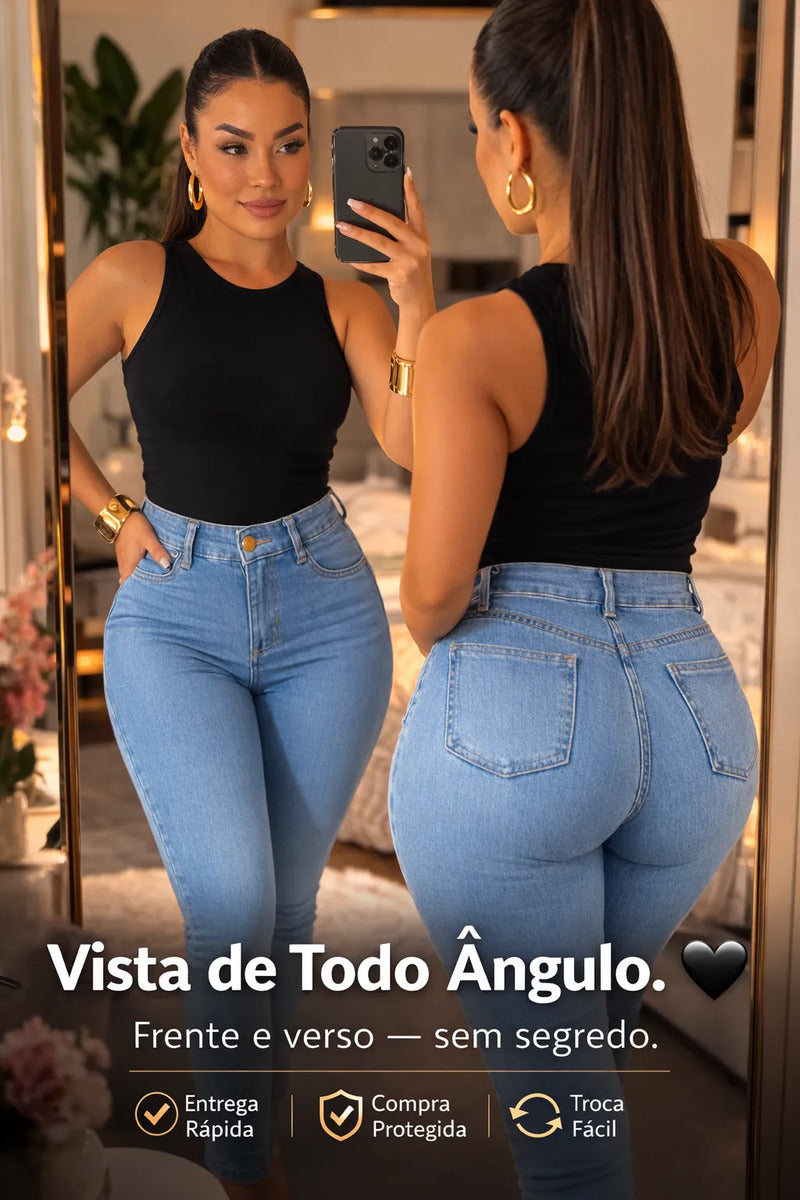 Calça Jeans Feminina Preta Skiny Cintura Alta Levanta Bumbum