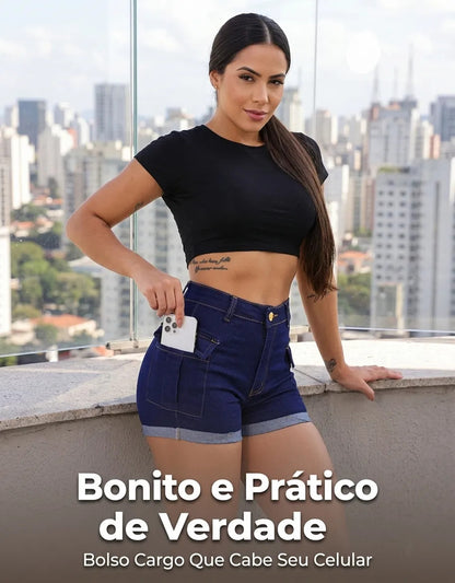 Short Jeans Feminino Shorts Cargo Com Lycra Cintura Alta