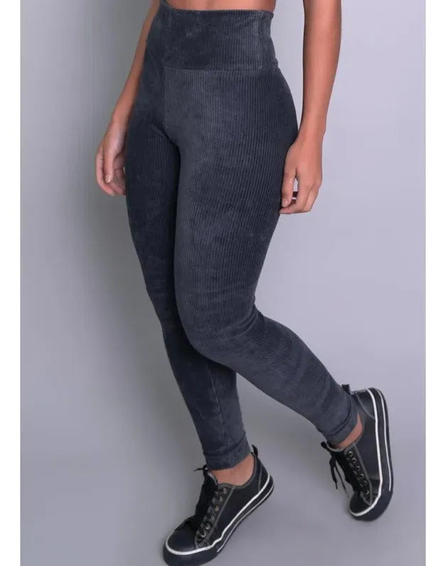 Calça Legging Veludo Cotelê Com Bolso Cós Alto Inverno