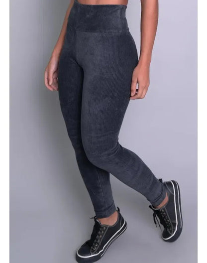 Calça Legging Veludo Cotelê Com Bolso Cós Alto Inverno