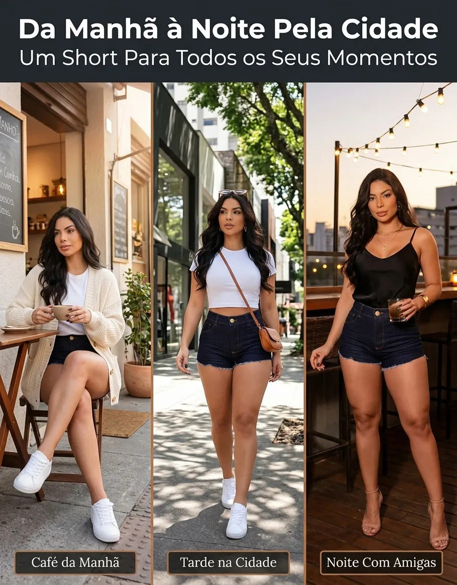 Short Jeans Feminino Cintura Alta Com Lycra Barra Desfiada