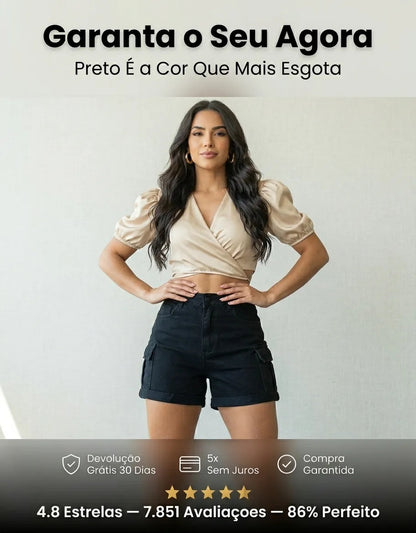 Short Jeans Feminino Shorts Cargo Com Lycra Cintura Alta