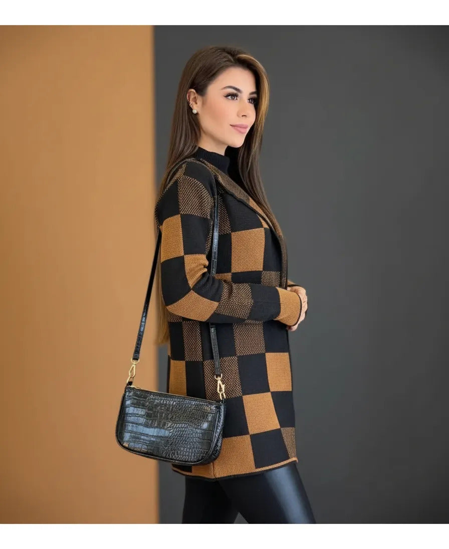 Casaco Cardigan Xadrez Tricot Blusa De Frio Kimono Inverno